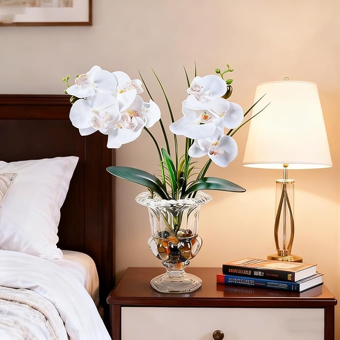 Jusdreen Artificial Orchid Centerpiece with Glass Vase, 14.5 Inch Lifelike Phalaenopsis Bonsai for Home Office Table Decor, White Orchid Arrangement with Potting