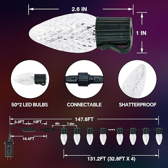 Smart C9 Christmas Lights Outdoor, 132FT 200 LED RGB Color Changing Christmas Lights, APP Remote Controlled Music Sync Waterproof Connectable String Lights for Indoor Outdoor Xmas Decor