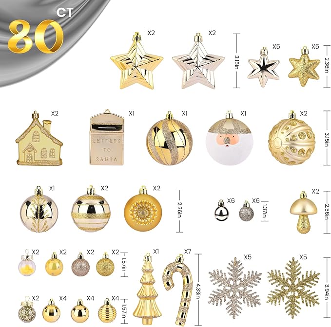 SHareconn 80ct Christmas Balls Ornaments Set, Shatterproof Plastic Colorful Xmas Decorative, Baubles for Tree Decorations with Hanging Strings,Deep Shallow Gold