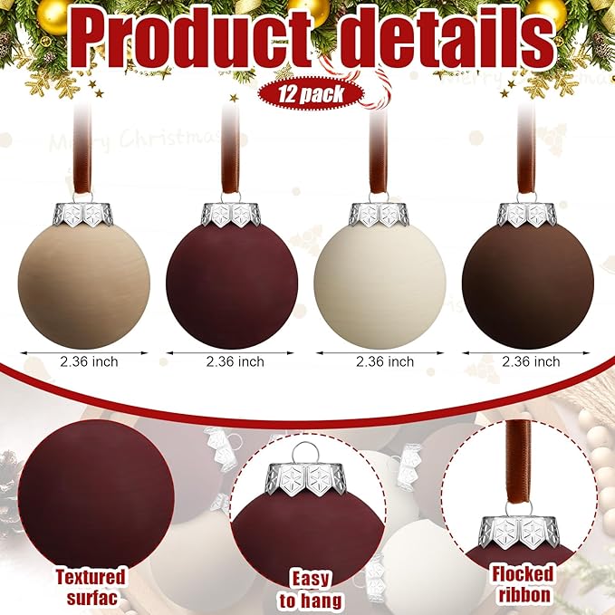 12 Pcs Neutral Matte Christmas Ball Ornaments 2.4 Inch Rustic Boho Burgundy Brown Camel Cream Xmas Bulbs Ornament Vintage Xmas Baubles Modern Christmas Decor for Tree Farmhouse Decor