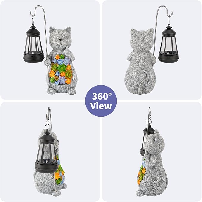 Solar Cat Garden Statue with Succulent Decor Hanging Lantern – Waterproof Resin Outdoor Figurine for Yard, Patio, Balcony – Gift for Cat Lovers, Gardeners