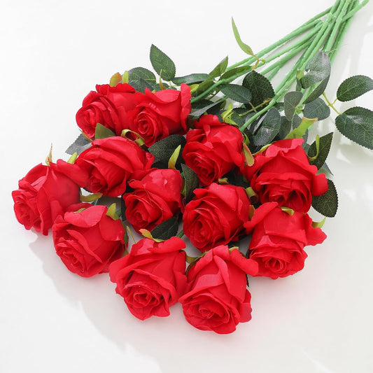 12Pcs Realistic Fake Red Roses Faux Flowers with Long Stems, Artificial Silk Rose Flowers for Valentines Day Home Wedding Decor Bridal Bouquet