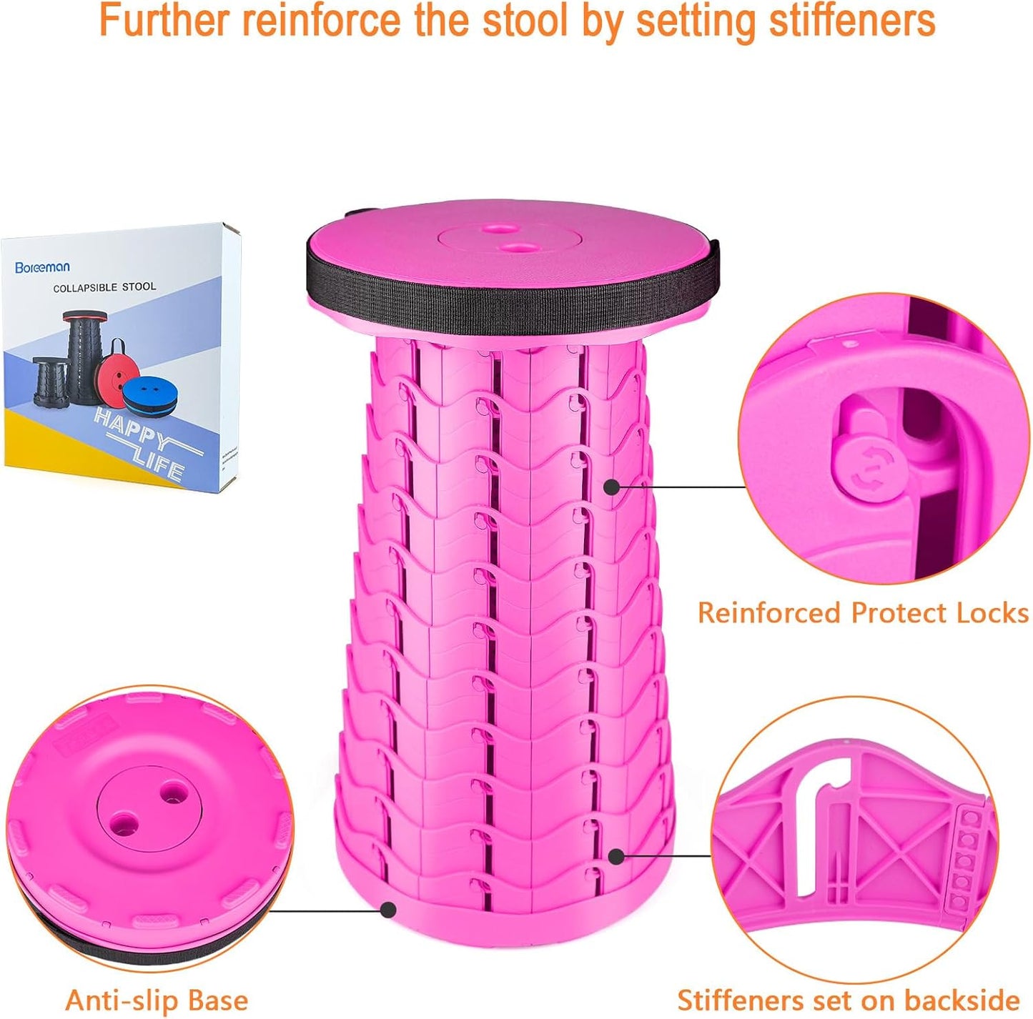 Boreeman Upgraded Folding Stool Lightweight Yet More Sturdy with Load Capacity 400lbs Portable Collapsible Stool for Camping Fishing Hiking BBQ (Pink)