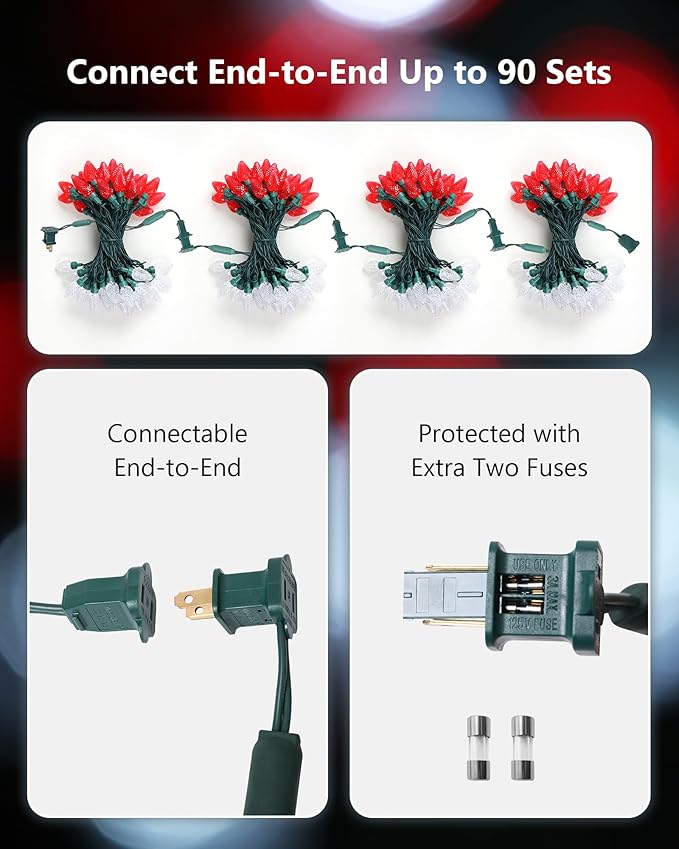 2-Set C7 LED Christmas String Lights, 25.16FT 50 LED Connectable Outdoor Indoor Decorative Light Strand, Red & White Xmas Holiday Lights for House, Christmas Tree, Patio, Party Decoration, UL Listed