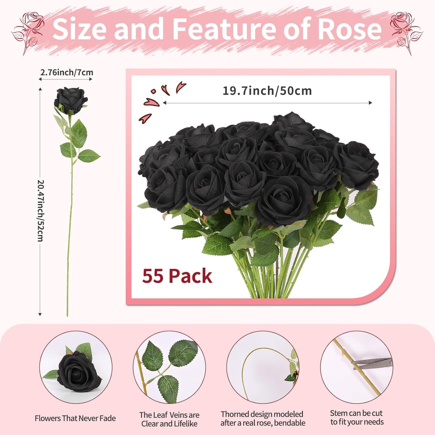 55 PCS Fake Roses Artificial Flowers Bulk, Black Roses Bridal Bouquet Silk Faux Rose with Stems for Wedding Flowers Decoration, Valentine's Day, Bridal Bouquet, Anniversary,Home Decor (55PCS, Black)