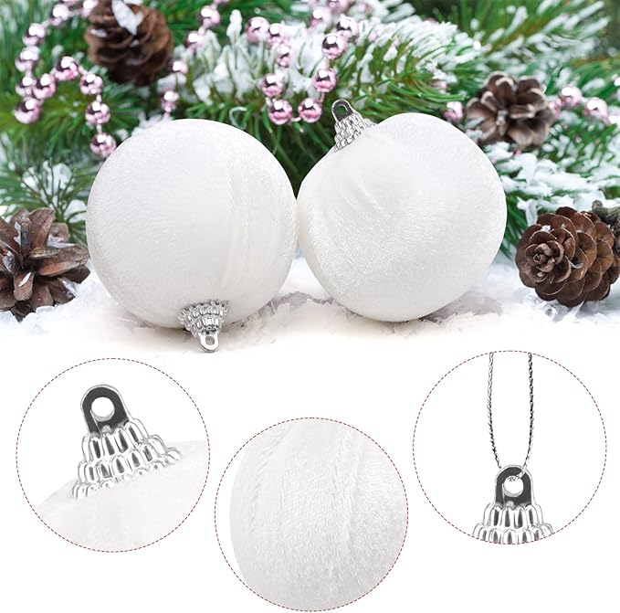 Woration 15pcs White Velvet Christmas Tree Ball Ornaments Decorative 2.36inches Christmas Plastic Balls Decorations for Xmas Trees Wreath Garland Party