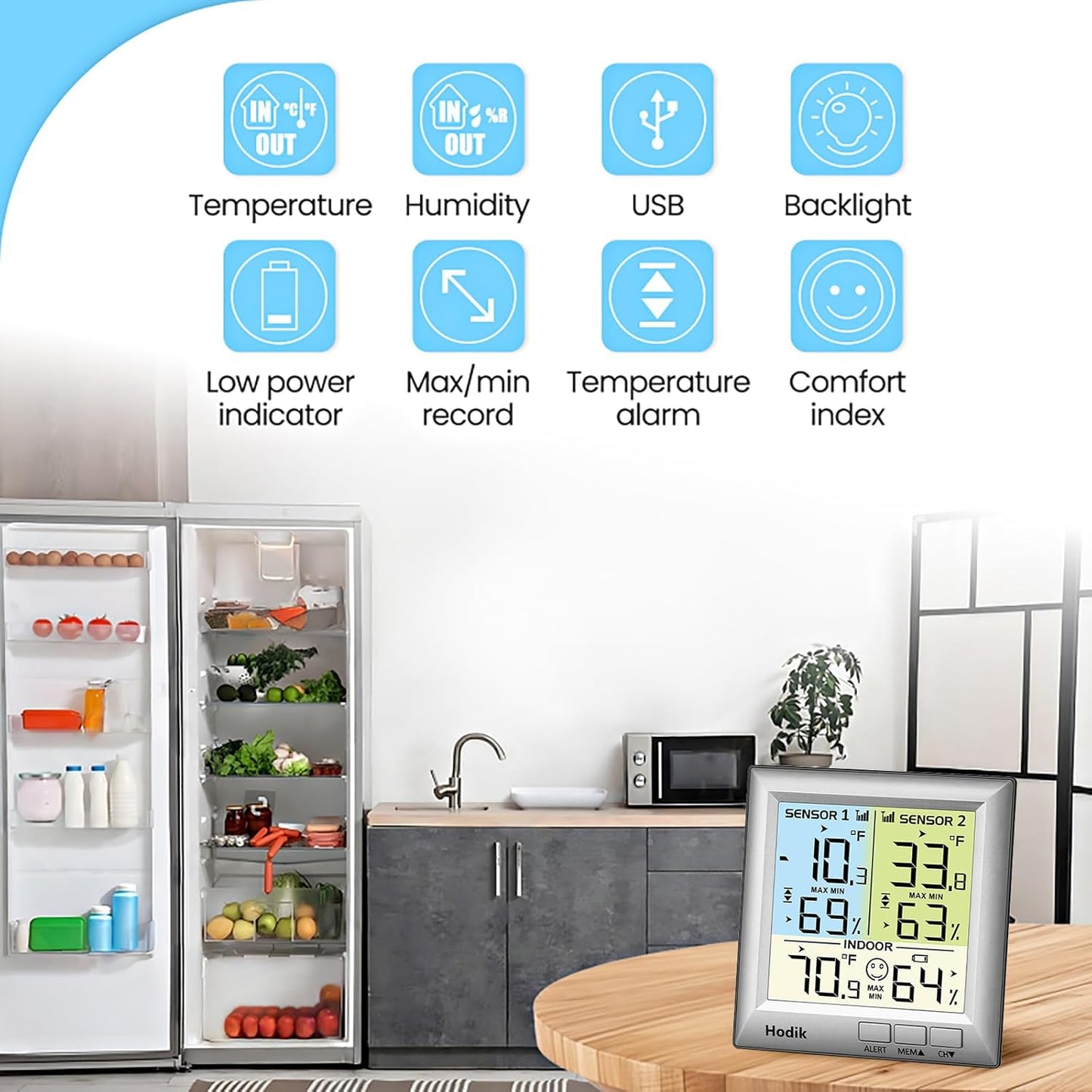 Wireless Freezer Thermometer with Alarm Refrigerator Thermometer, Fridge Freezer Alarm Thermometer Digital with 3 Adjustable Backlight and 330FT Remote Range for Kitchen Home Restaurant (Silver)