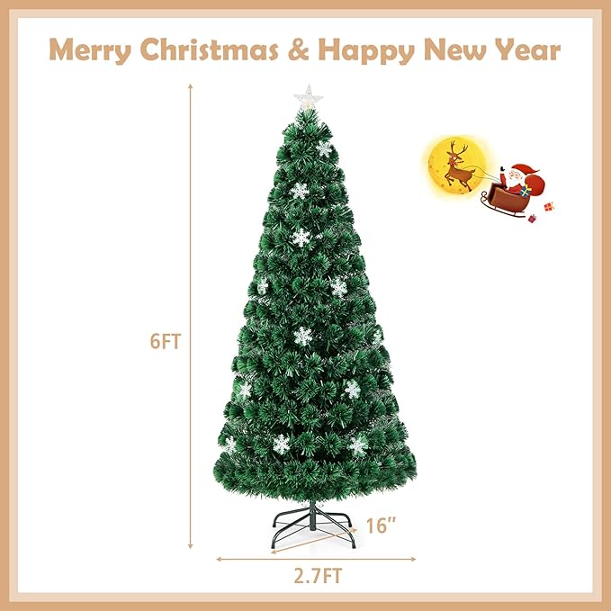 Goplus 6ft Pre-Lit Fiber Optic Christmas Tree, Artificial Xmas Full Tree with Colorful Snowflake LED Lights, 220 Branch Tips, Foldable Metal Base, for Office Home Holiday Decor