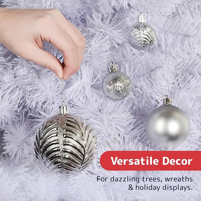 Prextex 36pc Silver Christmas Ornaments Set - Shatterproof Christmas Tree Ornaments in 3 Sizes and 6 Styles - Hanging Balls with Loops in Matte, Shiny, and Glitter Finishes for Indoor-Outdoor Display