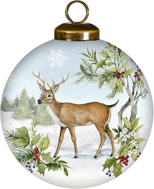 Winter Deer Ornament – Hand-Painted Woodland Buck Scene – Whitetail Glass Deer Christmas Ornament – 3" Round Collectible – Deer Hunting Gift