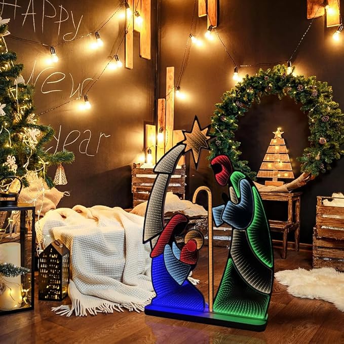 hogardeck Nativity Scene for Christmas Decorations, 4FT Christmas Nativity Scene Infinity Mirror Tunnel Light, 3D Endless Extension Holy Family for Home Indoor Living Room Outdoor Yard Garden Decor