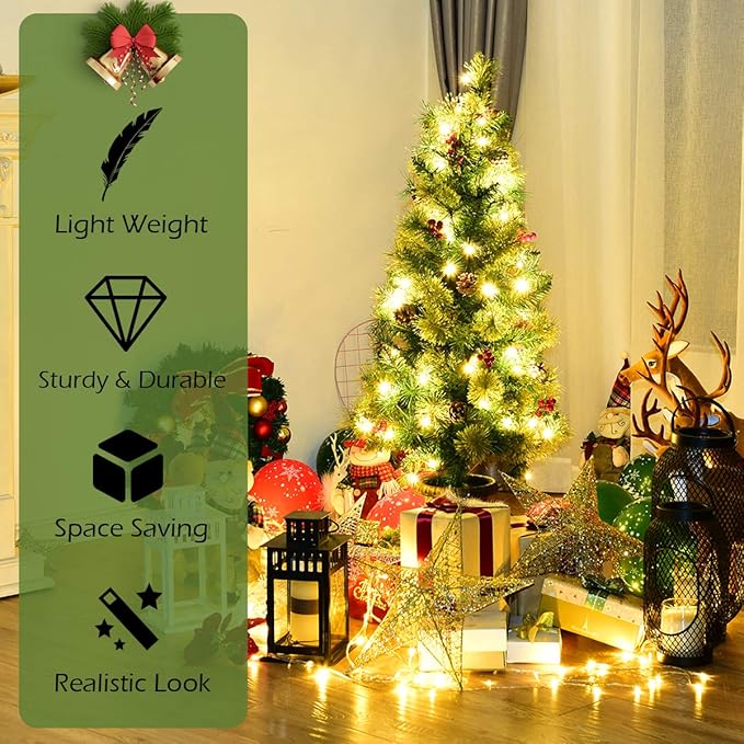 GOFLAME 5ft Prelit Pathway Christmas Tree with 100 LED Lights, Artificial Christmas Tree with Metal Stand, 260 Branch Tips, Pine Cones and Red Berries, Entrance Tree for Indoor and Outdoor Decoration