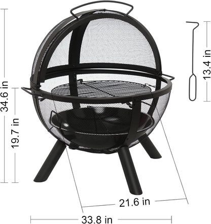Ikuby Ball of Fire Pit fire Ball with BBQ Grill fire Globe Pit Large Round fire Pit,Patio Fire Pit Fireplace for Camping, Heating, Bonfire and Picnic, Black, 33.85*32.67*35in, (BLKFP-001)