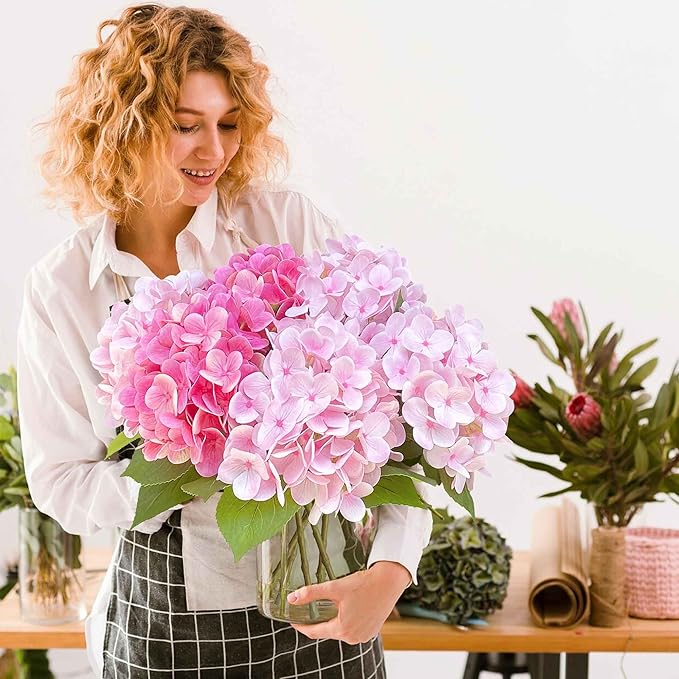6PCS 23 inch Mix Pink Hydrangea Artificial Flowers，Real Touch Hydrangea Large，Fake Soft Hydrangeas with Leaves Stems - Mix Pink