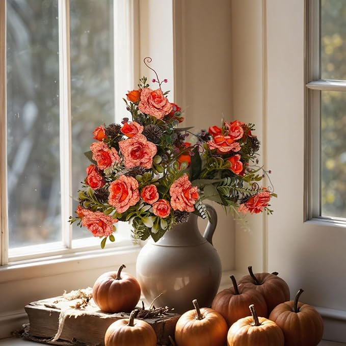 3 Bundles Fall Artificial Flowers Bouquet, Fake Roses Bouquet for Centerpiece Table Wedding Party Home Decor (Orange)