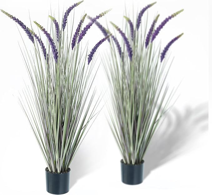 KOL 4ft 2-Pack Faux Veronica Spiked Speedwell Grass, 47in Artificial Veronica Spicata Flower, Tall Reed Grass for Home Office Garden Wedding Décor, Indoor/Outdoor Fake Plant, UV-Resistant, Purple