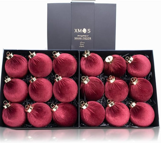 18PCS Burgundy Red Velvet Christmas Ornaments Set – Large Flocked Shatterproof Baubles for Xmas Tree Decoration, Hanging Ornaments for Holiday & Home Décor (Burgundy Red, 3 Inch / 8 cm)