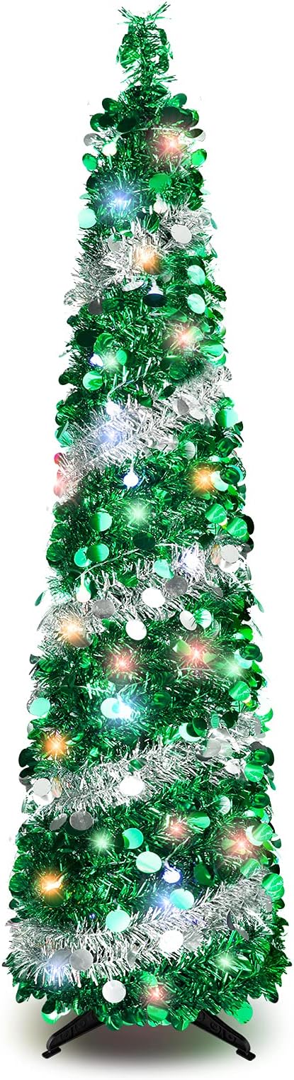 5FT Pop Up Christmas Tree with 90 LED Lights, Collapsible Artificial Pencil Christmas Tree, Tinsel Skinny Christmas Trees for Home Apartment Porch Indoor Outdoor Holiday Decorations