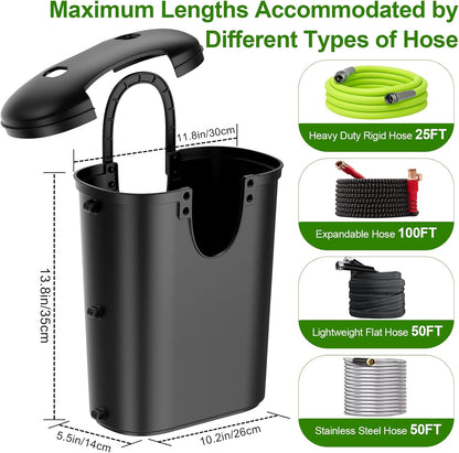 Riokko Garden Hose Holder Bucket, Hose Storage, Water Hose Storage for Outside, Hose Box Fits 25FT Heavy Duty/100FT Expandable/50FT Flat/50FT Stainless Steel Hoses, Hanging Handle & Drain Hole Design
