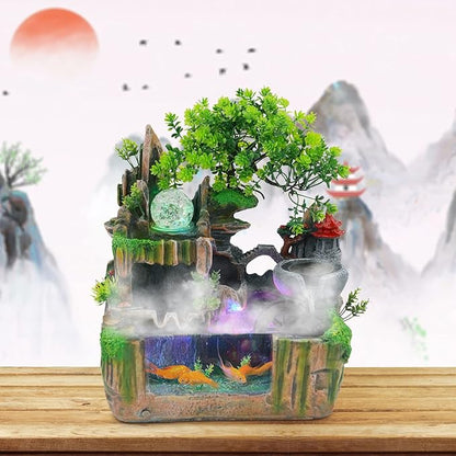 Stone Fountain Indoor Water Fountains Tabletop Waterfall Fountains Relaxing Landscape Atomizing Humidifier with Rockery Plants LED Light for Home Office Bedroom (E)