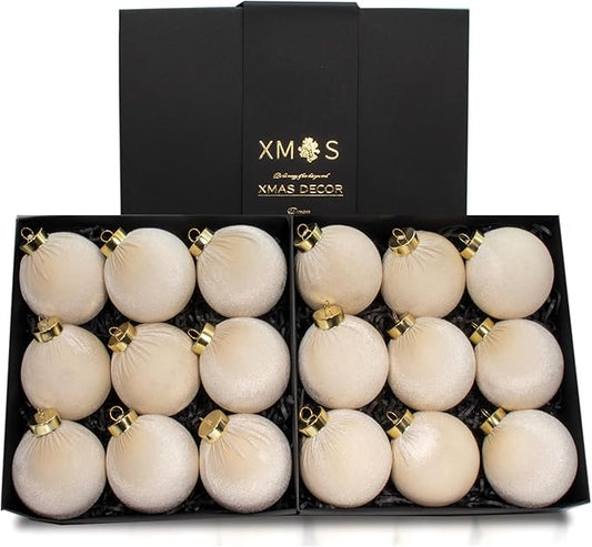 18PCS White Velvet Christmas Ornaments Set – Large Matte Flocked Shatterproof Baubles for Xmas Tree Decoration, Warm Neutral Hanging Ornaments for Holiday & Home Décor (Ivory White, 3 Inch / 8 cm)