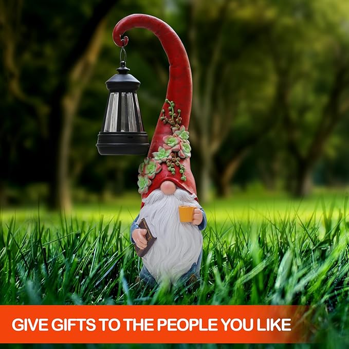 Coffee Gnome Garden Decor Statue Solar-Powered Gnome Ornament Lantern-Lit Courtyard Decoration Birthday Gift for Mom on The Patio