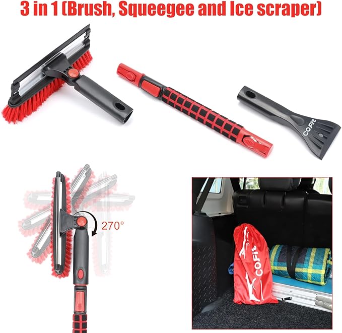 COFIT Car Snow Brush with Ice Scraper and Squeegee 3 in 1, 39" Extendable Cleaning Kit Long Handle, Windshield Snow Removal Tool Scratch Free for SUV Truck RV Window Roof Exterior Wash Supplies, Red