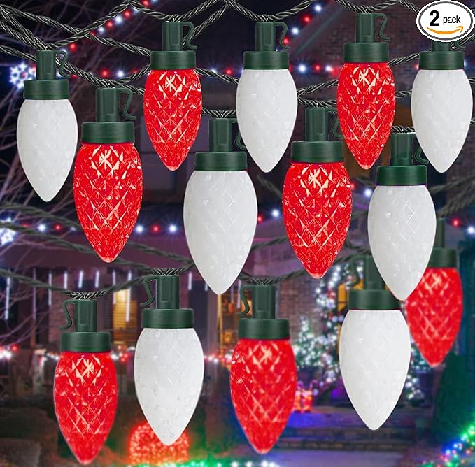KAQ 2PK 100LED Red & Cool White C9 Christmas Lights Waterproof Indoor Outdoor, Extendable 98FT String Lights Plug in with 13 Lighting Modes, Christmas Decorations for Party Patio, Outside Yard Decor