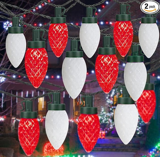 KAQ 2PK 100LED Red & Cool White C9 Christmas Lights Waterproof Indoor Outdoor, Extendable 98FT String Lights Plug in with 13 Lighting Modes, Christmas Decorations for Party Patio, Outside Yard Decor