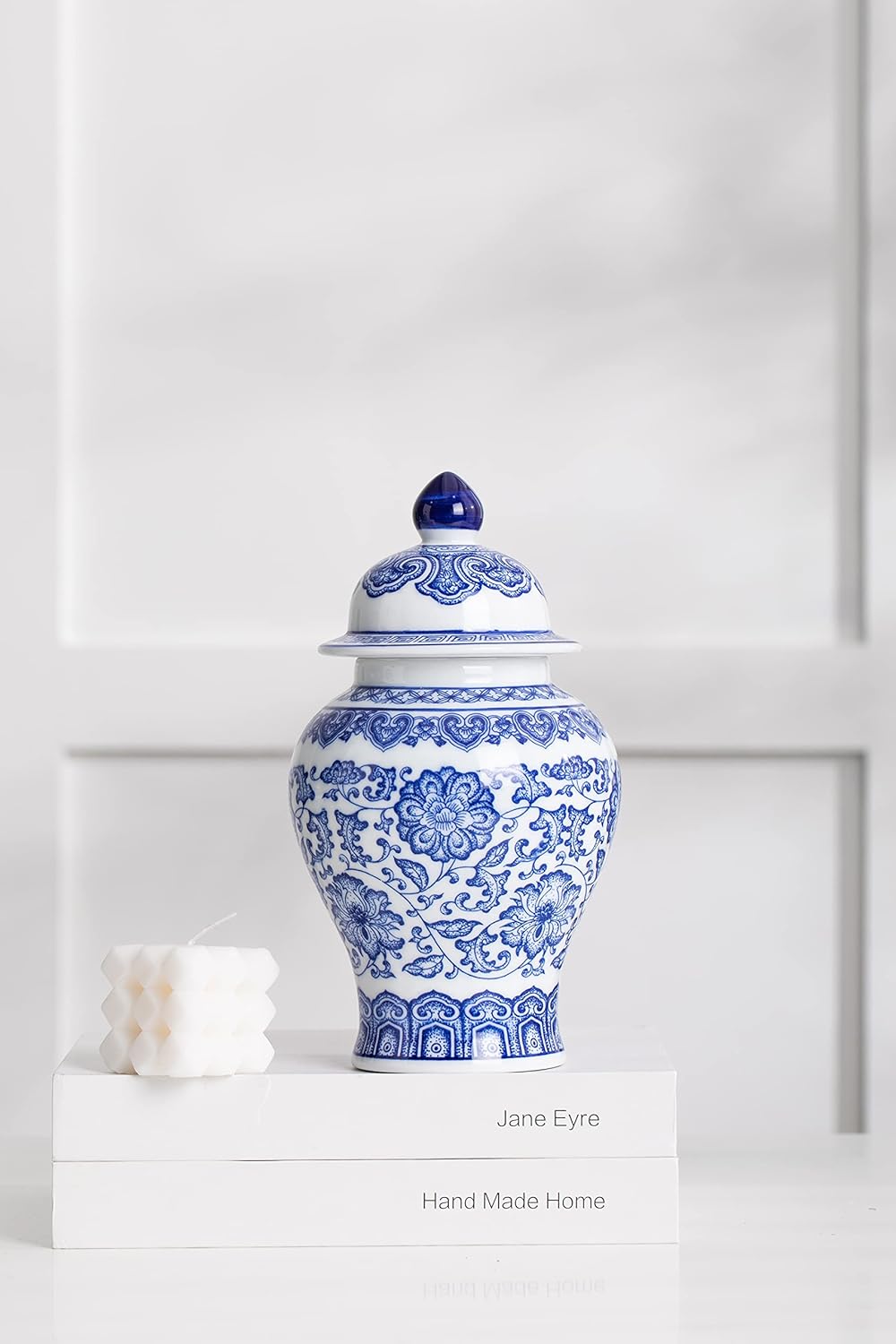 Blue and White Ginger Jar, Ceramic Chinoiserie Decorative Jars for Home, Office, Flower Vase Pocelain, Glossy Vase for Table, Living Room, Bookshelf, Mantle Fireplace, Centerpieces, 9.8"H