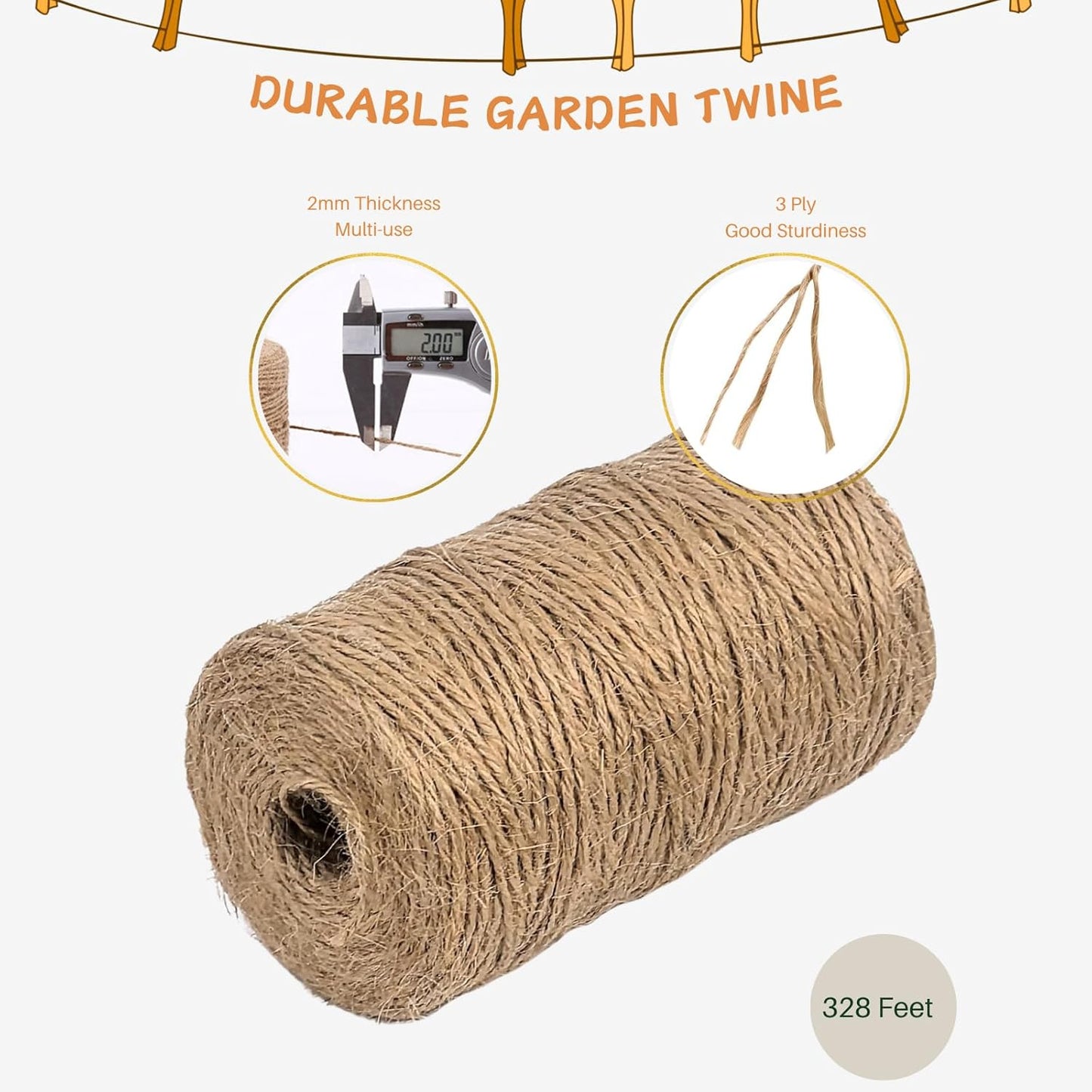 Garden Twine 3mm, 328 Feet Natural Jute Twine for Garden, Crafts, Gifts Wrapping, Packing and Home Decor