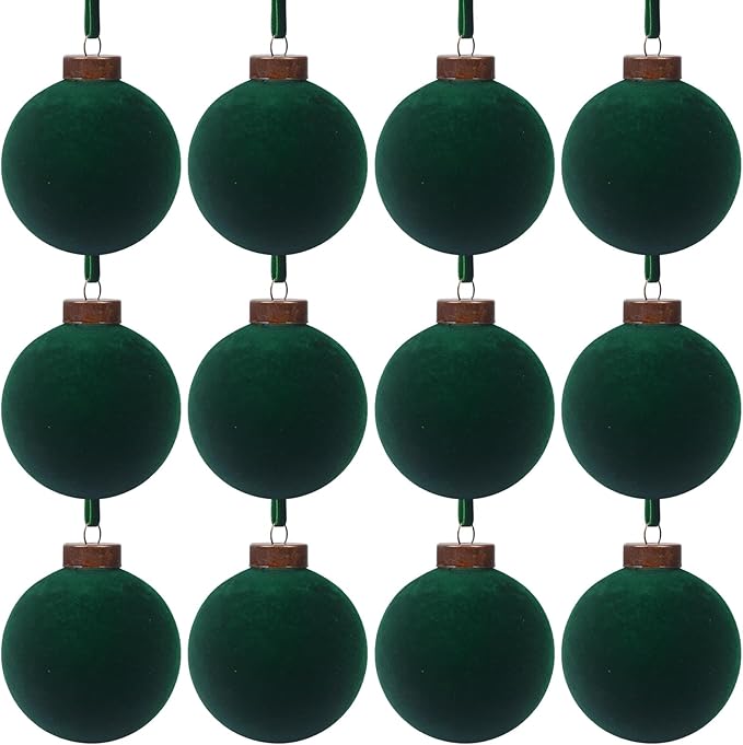 12 Pcs Velvet Christmas Balls Bulk Shatterproof Plastic Christmas Tree Decorations for Decorative Hanging Baubles (12, Blackish Green, 2.36Inch)