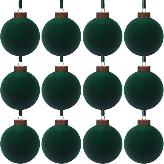 12 Pcs Velvet Christmas Balls Bulk Shatterproof Plastic Christmas Tree Decorations for Decorative Hanging Baubles (12, Blackish Green, 2.36Inch)