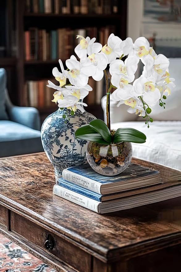 White Orchids Artificial Flowers 16.5" Faux Orchids Plant in Pot Fake Flower Arrangements with Glass Vases White Centerpieces for Kitchen Dining Room Tables Bathroom Nightstand Shelf Desk Decor