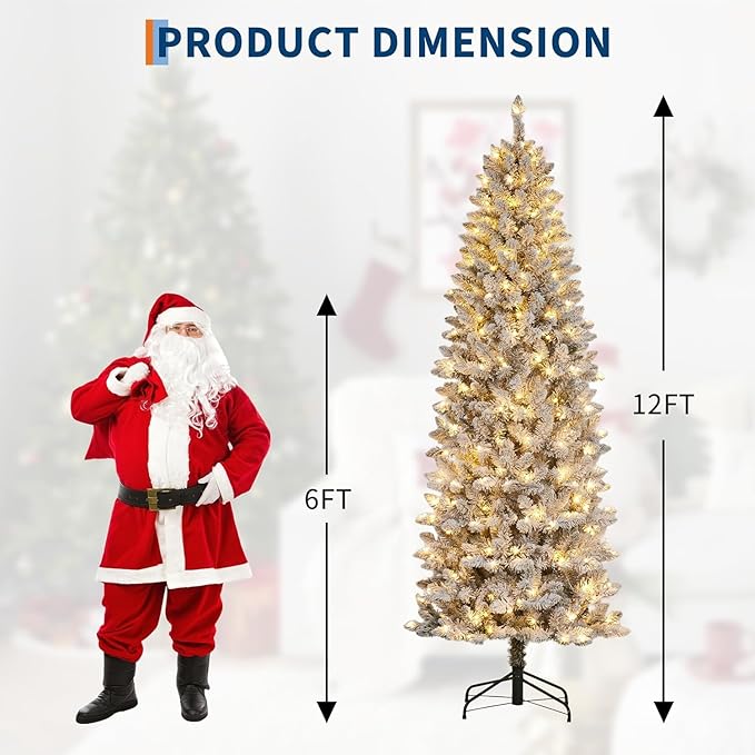 GarveeHome 12 ft Pencil Christmas Tree, Pre-Lit Frosted Artificial Tree, Skinny Xmas Trees Holiday Decoration, with LED Light and Metal Base