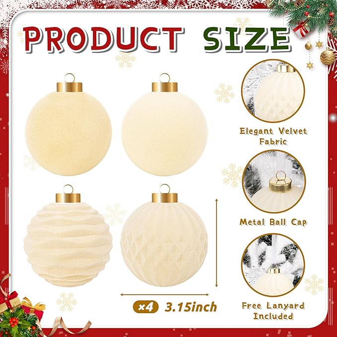 Festiva Christmas Tree Ornaments Velvet Balls - 12 Pcs Cream Shatterproof Christmas Tree Ornaments Velvet Balls, for Xmas Wedding Party Holiday Decorations (Gift Box)