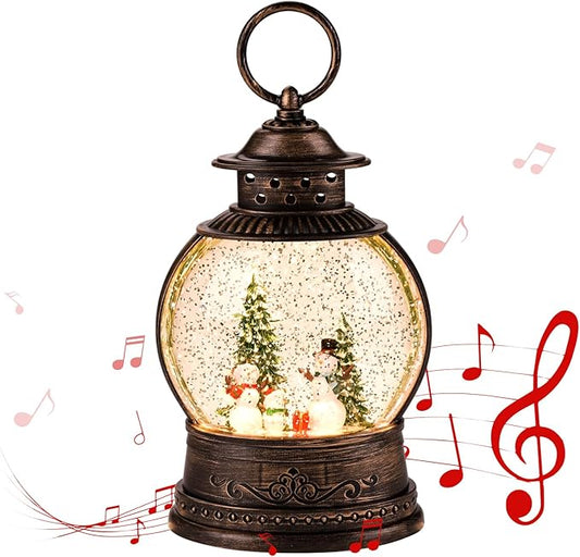 Christmas Snow Globes,Glitter Swirling Musical Box Christmass Snowman with 8 Songs & 6H Timer, Battery Operated & USB Powered Christmas Lanterns for Indoor Holiday Table Party Gifts