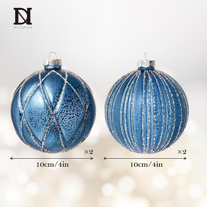 DN DECONATION 4PCS Blue Glass Christmas Ball Ornaments – 4” Shimmering Silver Lines Hanging Ball Ornaments Set for Christmas Tree, Winter Decor Elegant Holiday Decorations Wedding