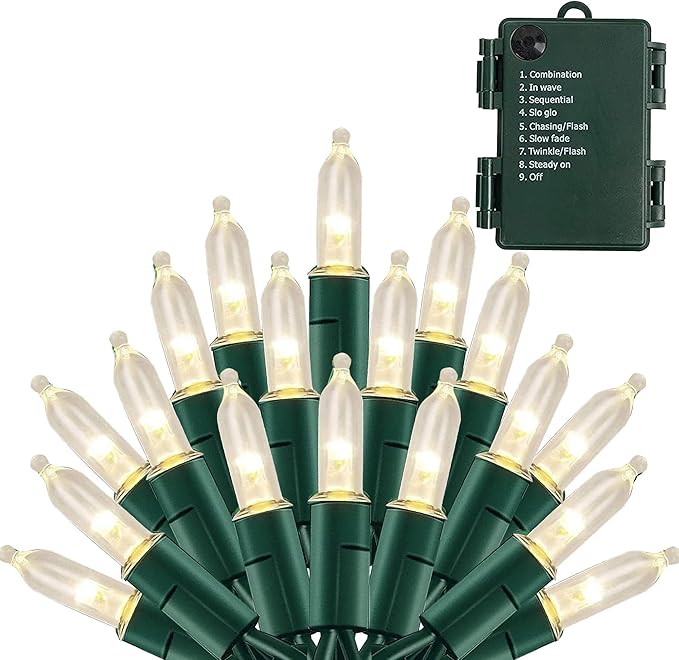 NEROSUN Battery Operated Christmas Lights, 50 LED 16FT Waterproof String Christmas Tree Lights with 8 Modes, Xmas Decorations for Indoor Outdoor Yard Wedding Home Decor, Warm White