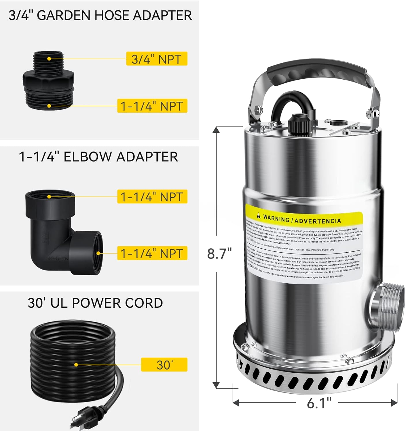 Acquaer 1/2HP Submersible Utility Pump, 3030GPH Stainless Steel Sump Pump, Water Removal for Basement Hot Tub Pool Cover Draining, 30ft Cord