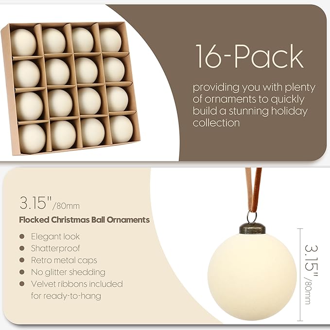 Sea Team 16-Pack Flocked Velvet Christmas Tree Ball Ornaments Set, Hanging Velour Baubles, Shatterproof Plastic Decorations for Xmas Tree, Wreath, Garland, 80mm/3.15 Inches, Cream