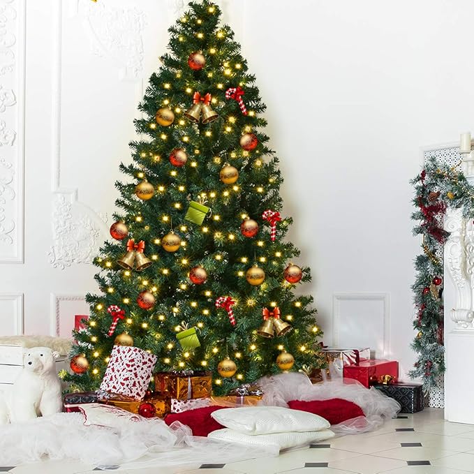 HAPPYGRILL 8FT Pre-lit Christmas Tree Artificial Hinged Xmas Tree for Home Holiday Décor, Metal Stand PVC Material 430 LED Lights, 1438 Branches Easy Setup & Storage