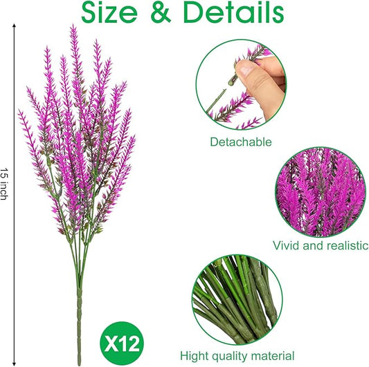 Ouddy Decor 12 Bundles Artificial Lavender Fake Flowers Faux Plastic Plants for Home Wedding Kitchen Garden Patio Window Box Office Table Centerpieces Indoor Outdoor Decor, Fuchsia