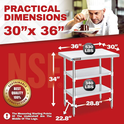 DuraSteel Food Prep Stainless Steel Table - 30 x 36 Inch Commercial Metal Workbench with Adjustable Under Shelf - NSF Certified - for Restaurant, Warehouse, Home, Kitchen, Garage