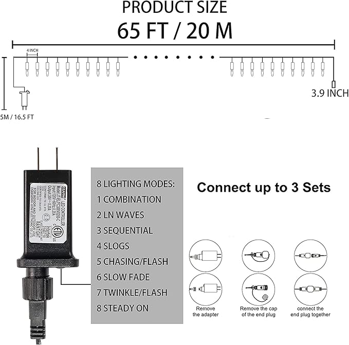 Dazzle Bright 200 LED Christmas Mini String Lights, 65FT Connectable Waterproof 8 Modes Fairy Lights for Indoor Outdoor Patio Garden Holiday Party Decorations (Warm White)