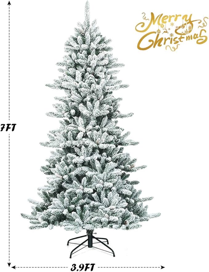 Happygrill 7ft Hinged Artificial Pine Cones Christmas Tree with 1108 Branch Tips, Heavily Snow Flocked Leaves, Metal Stand