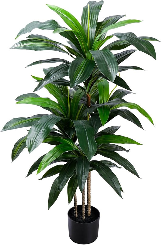 Artificial Dracaena Tree 4FT, Fake Tree with Plastic Pot, Fake Tropical Yucca Floor Plant, Lifelike Foliage and Branches, Artificial Plants Indoor for Home Office Living Room Decor Indoor