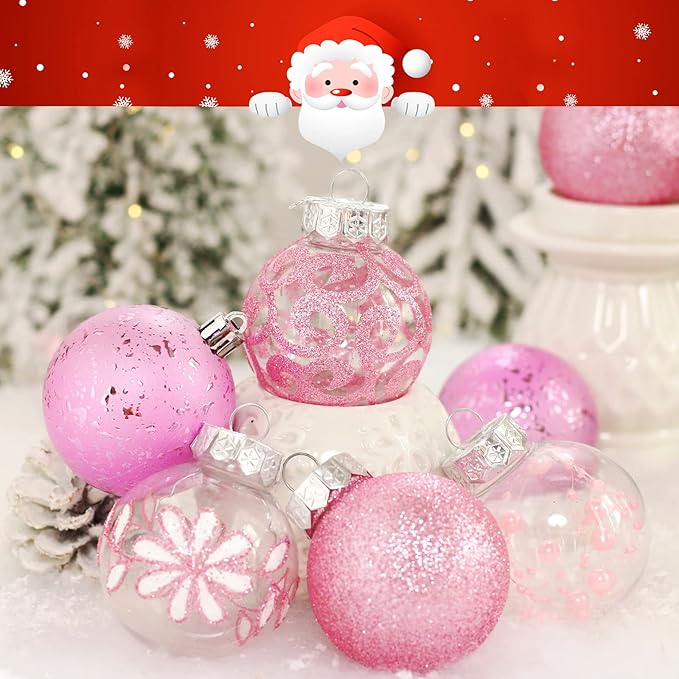 Clear Christmas Ornaments Set, 30ct 2.36inch Pink Clear Xmas Baubles for Christmas Tree Ornaments and Decorations Shatterproof Christmas Hanging Balls with Stuffed Decoration for Xmas Wedding Party
