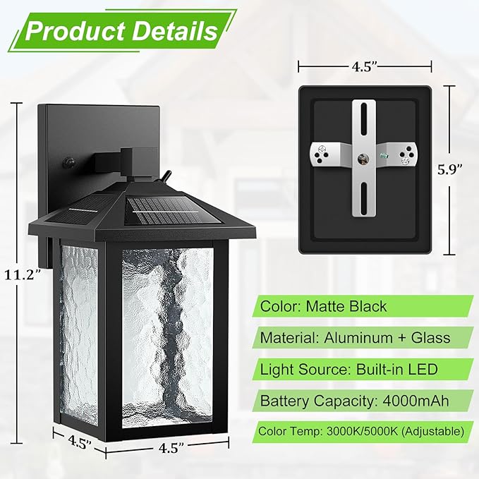 BesLowe Solar Wall Lights Outdoor, Aluminum Dusk to Dawn LED Porch Light, 3000K/5000K Adjustable, Wireless Exterior Lighting Fixtures Solar Wall Lantern Sconce Light for Outside Garage, 2-Pack