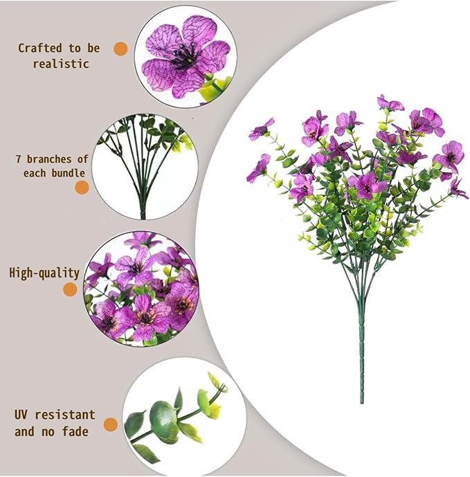 SHIAWASENA Realistic Outdoor Fake Plants Flowers, Artificial Flowers, UV Resistant, 12 Bundles Faux Silk Colorful Violet Flowers Bouquet with Eucalyptus (Rose Red & Yellow & Red & Purple)